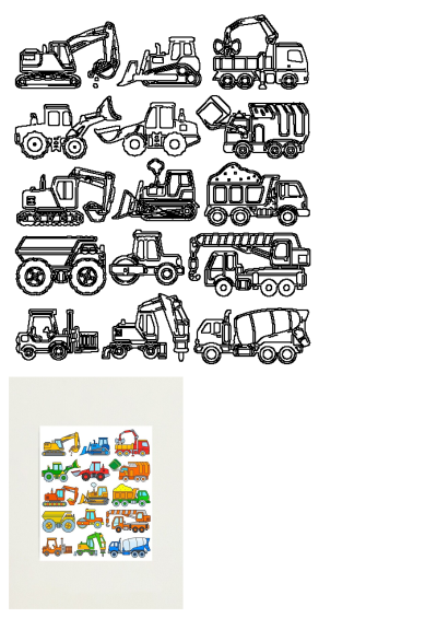 Construction vehicle sticker sheet for kids artwork. Decorate your child's artwork with this white square sticker sheet featuring many construction vehicles.