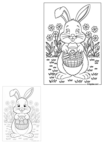 Cute bunny holding a basket of decorated Easter eggs in a field of flowers and grass, perfect for a fun coloring activity.