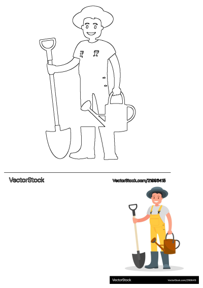 A man in overalls holding a shovel and a bucket.  Cartoon illustration of a happy gardener with gardening tools.