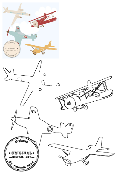 Cartoon illustration of vintage airplanes flying in the sky. Features four distinct planes, with one above and one below. Digital art.