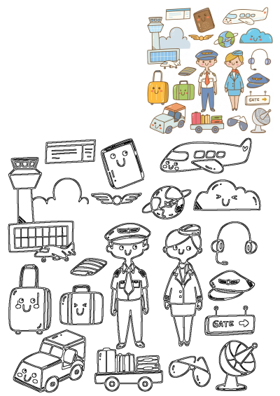 Cartoon-style airport illustrations with pilot, flight attendant, airplane, luggage, passport, control tower, and gate sign.