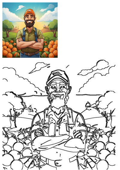 a man with a beard and overalls standing in front of an orange field, surrounded by trees