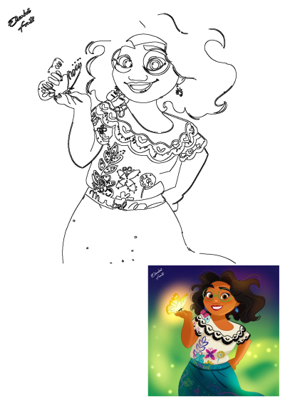 Cartoon image of Mirabel Madrigal from Encanto holding a butterfly in her right hand, smiling. A cute digital drawing of the character.