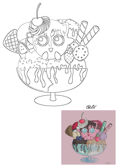 Painting of an ice cream sundae overflowing with toppings like a Jigglypuff, Pokeball, cherry, cookies, donut, waffles, fruit and wafers.