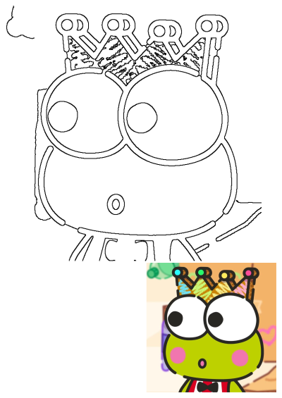 Cartoon frog with a crown and bow tie stands before a colorful wall. Cute illustration of a regal frog wearing formal attire and royalty.