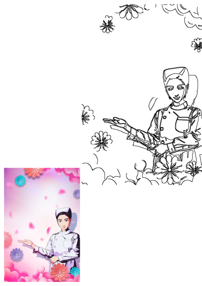 A cartoon illustration of a nurse with a pink floral background. The design is ideal for healthcare or promotion purposes.