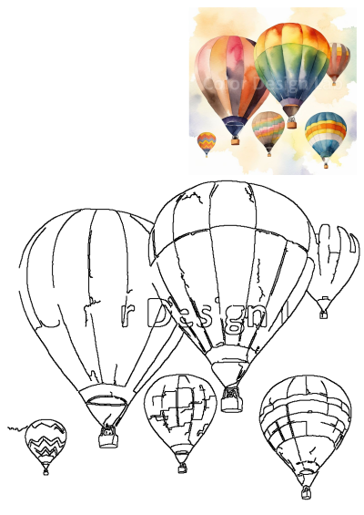Watercolor hot air balloons flying in a bright sky with clouds behind them. This vibrant image captures the joy of a sunny day adventure.