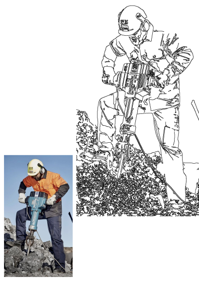 A man in an orange shirt and helmet working on a rock with a Makita driller. Construction worker using a demolition hammer on a construction site.