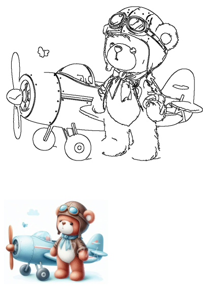 Cute illustration of a brown teddy bear wearing a pilot's hat, scarf, and jacket, standing next to a light blue vintage airplane. A charming aviation image.