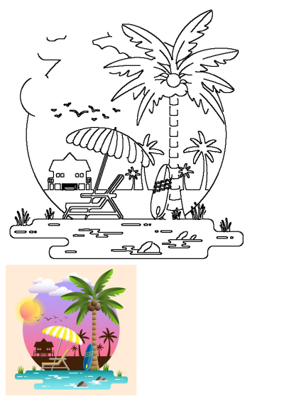 A vibrant beach scene featuring palm trees, a chair under an umbrella, a surfboard, and tropical hut near the water. Perfect beach vacation vibes.