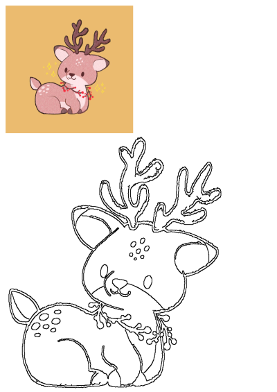 Cute chibi reindeer with antlers and a berry wreath. Features a sparkling colored illustration and a black outline for creative activities.