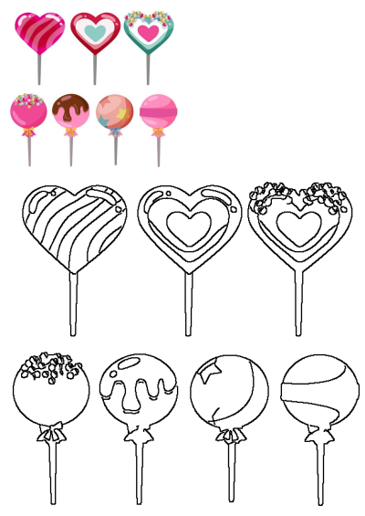 Colorful heart-shaped lollipops are arranged in different colors and designs, a sweet treat concept. Vector illustration.