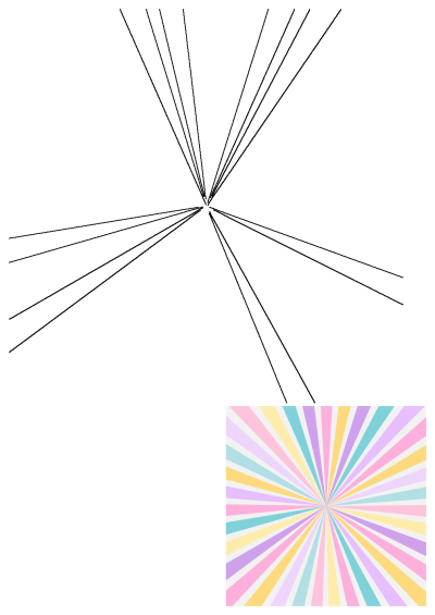 An abstract rainbow background with sunbursts in pastel colors and white lines, ideal for a soft, cheerful, and eye-catching design.