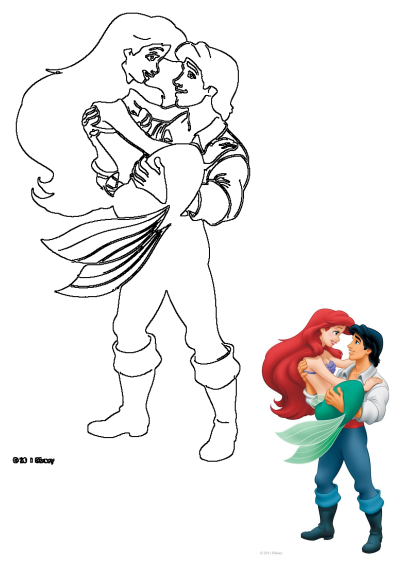 A beautiful depiction of the Little Mermaid, Ariel, and Prince Eric embracing. As the little mermaid and prince hugging each other.