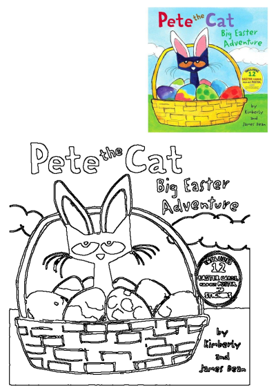 Pete the Cat Big Easter Adventure book cover features two cats in a basket filled with colorful Easter eggs. A fun holiday read!