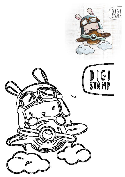 A cute drawing of a bunny pilot in an airplane flying through clouds, a fun 'Digi Stamp' design for crafts and illustrations.