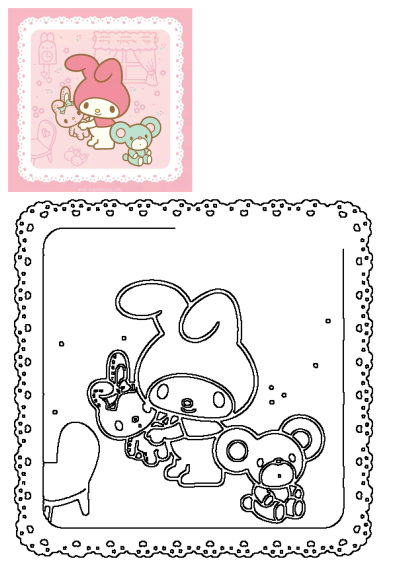 Image of My Melody and her bunny friends on a pink background with a white lace border. Features cute Sanrio characters in a playful setting.