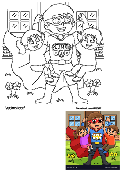 Cartoon illustration of a father and his two children dressed as a super dad in front of a house. The dad is wearing a cape.