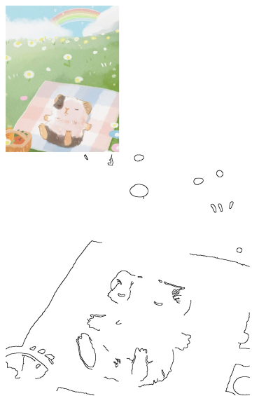 Cute painting of a hamster laying on a picnic blanket in a field with daisies under a rainbow. Adorable scene perfect for adding a touch of whimsy.