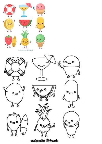 Cute cartoon fruits and ice creams are grouped together to form a character in the style of kawaii, summer fun vibes.