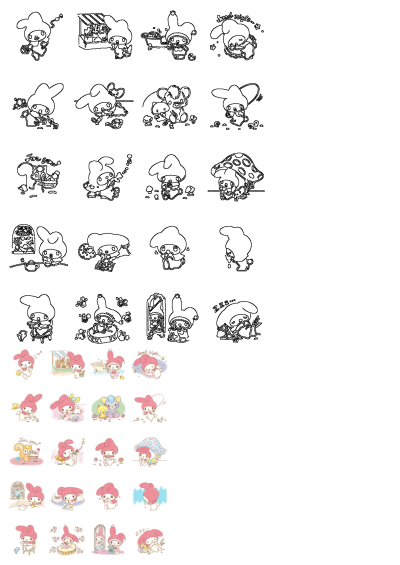 Cartoon character stickers featuring My Melody in various poses and expressions. Cute and whimsical designs perfect for decorations or crafts.