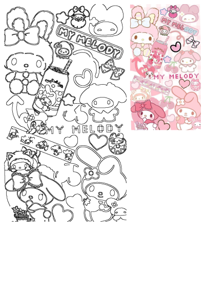 A collage of pink and white Hello Kitty and My Melody stickers, all adorned with hearts. The hello kitty stickers are all in pink and white, with hearts on them.