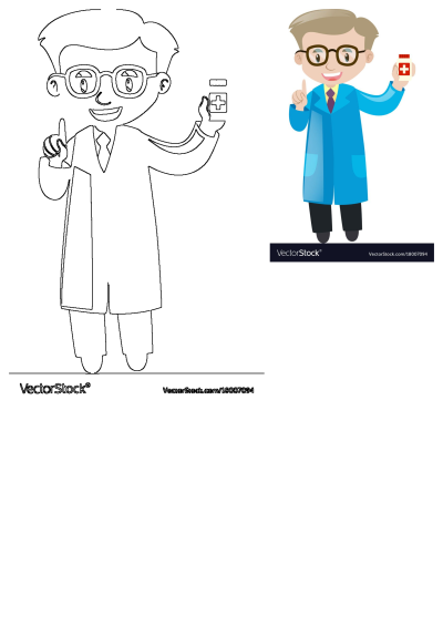 Cartoon doctor illustration wearing a blue lab coat and glasses, holding a medicine bottle with a red cross symbol on it, indicating healthcare.