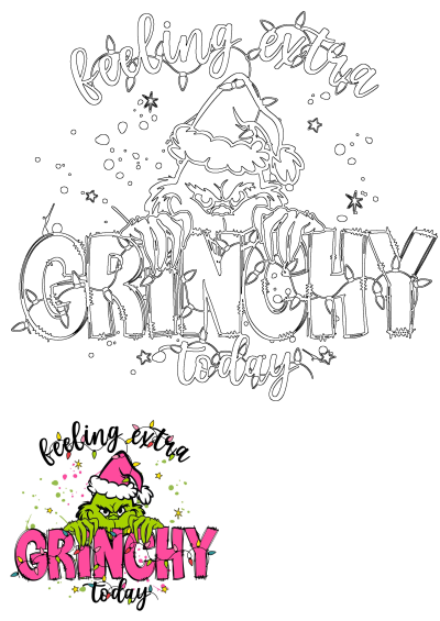 Grinchy Today logo in pink & green with a santa hat atop the cartoon Grinch peeking from behind it. Feeling Extra text on top. Festive!