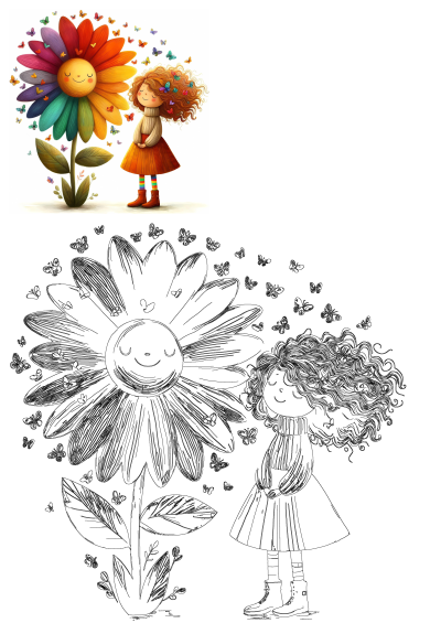 Illustration of a girl with a big colorful smiling flower, surrounded by butterflies. A cheerful and whimsical design.
