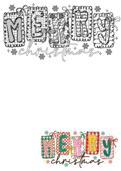 Festive Merry Christmas typography holiday design with snowflakes, featuring outline and vibrant colored decorative letters and bows.