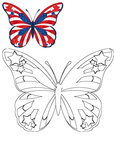 American butterfly with stars and stripes on its wings, a patriotic symbol. A colorful representation of the US flag with a butterfly design.
