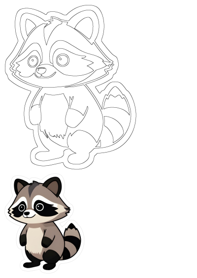 Cute cartoon raccoon sticker sitting on a white surface with black and gray stripes on its tail and around its eyes, adding a playful touch.