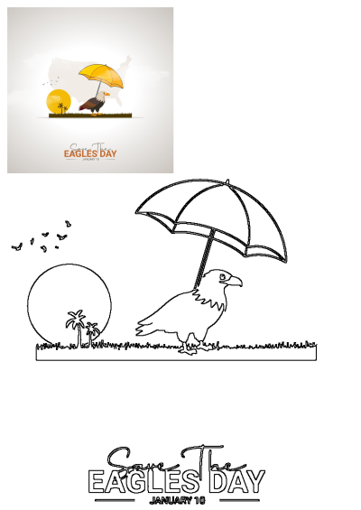 Cartoon eagle standing under a yellow umbrella on grass during sunset on Save the Eagles Day, January 10th. Honors an eagle holding umbrella in field.