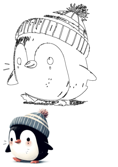 Illustration of a cute penguin with rosy cheeks wearing a stylish blue and white striped winter hat with a pom-pom. A penguin with a hat on its head.