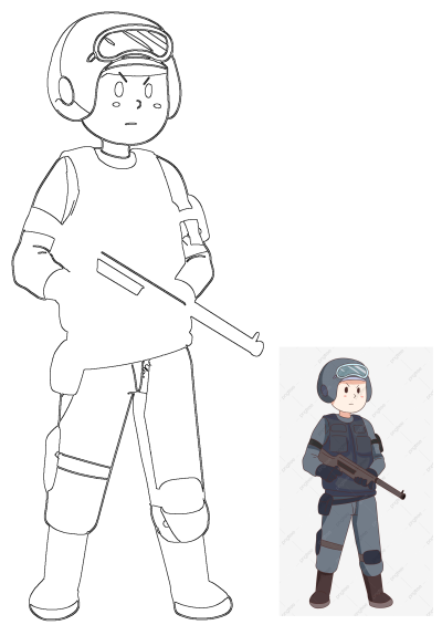 Cartoon illustration of a riot police officer with helmet and visor holding a rifle, ready for action. Vector graphic.
