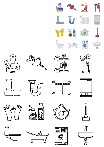 Image shows different plumbing tools, including pipes, wrenches, a sink, a toilet, and more. Perfect for plumbing-related content.