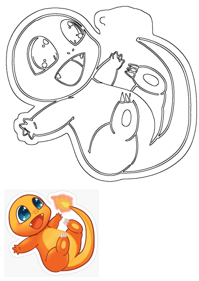 Cartoon illustration of a cute orange Charmander Pokemon with a flame on its tail, looking to the side with a smile.