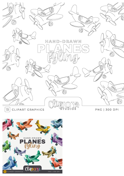 An image of Clipjoy Studios' hand-drawn planes flying in the sky. Fun, colorful planes illustration for design projects. Great for kids' themes.