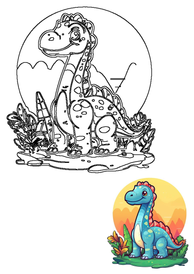 Adorable blue cartoon dinosaur with a friendly smile, standing in a lush green landscape with a colorful sun backdrop. Fun dino illustration.