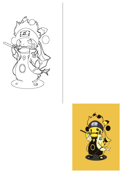 A yellow and black cartoon character (Pikachu/Naruto crossover) holding a knife/kunai in its mouth. Funny anime fusion.