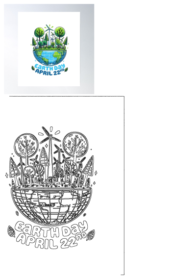 Earth Day poster on white paper showcasing trees and windmills, reflecting a commitment to environmental sustainability and renewable energy.