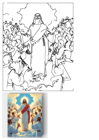 AI enhanced depiction of Jesus Christ surrounded by angels playing trumpets. Artistic effect, heavenly scene, religious artwork.