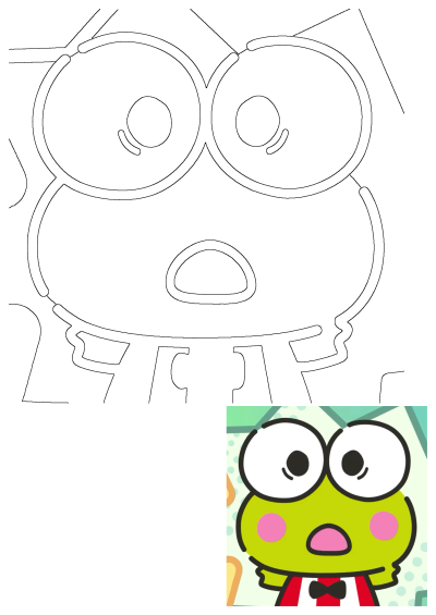 Keroppi, a green frog cartoon character with big eyes, pink cheeks, and wearing a red and white striped shirt with a black bow tie.