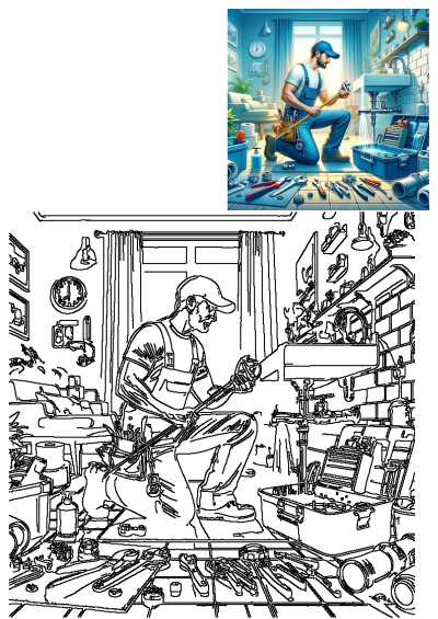 A plumber in blue overalls uses a large wrench to fix a leaky sink in a stylish bathroom. His toolbox and various tools are scattered on the floor.