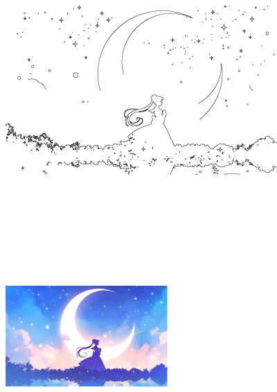 Sailor Moon stands before a glowing crescent moon in a star-filled sky. Fantasy art with pastel clouds and a dreamy atmosphere.