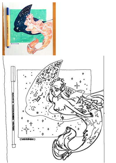 Drawing of a beautiful peach-colored mermaid with a star crown and a tail with moons, sitting on top of a fish decorated with celestial patterns.