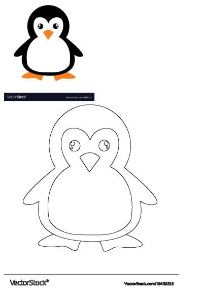 Cartoon image of a black and white penguin with orange feet and beak. Cute animal illustration for kids.