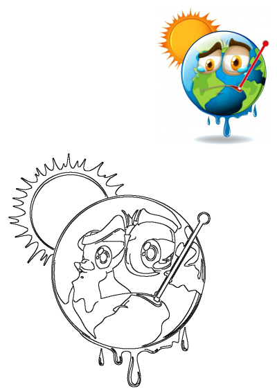 Cartoon of the earth melting with sun and water dripping from its eyes, on a white background. Represents global warming and climate change.