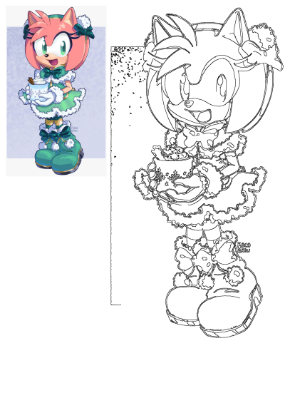 Illustration of Amy Rose in a winter-themed green dress, holding a cup of hot chocolate with cinnamon sticks and whipped cream.