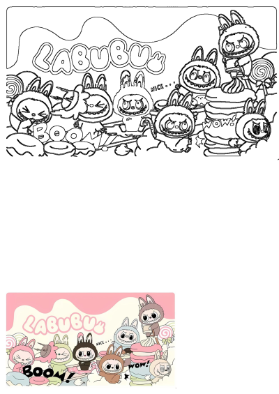 Cartoon illustration featuring Labubu characters in bunny costumes and sweets like donuts and macarons. 'Boom!' 'Nice...' 'Wow!'